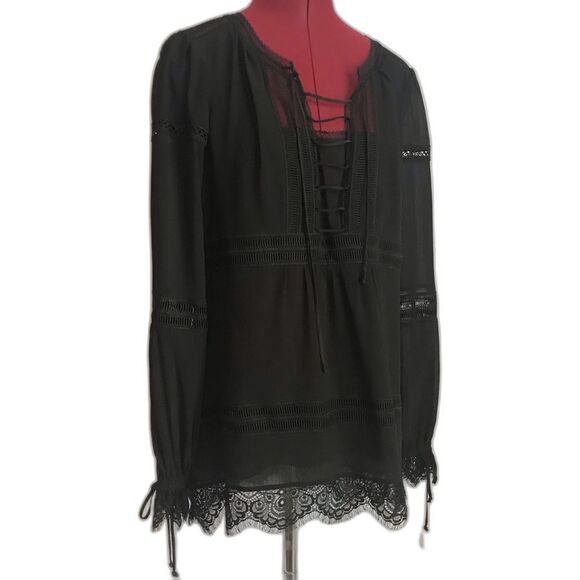 WHBM Karlee Boho Blouse Women's Size 8 Black Lace Trim Lace-Up Front Long Sleeve - Picture 15 of 16